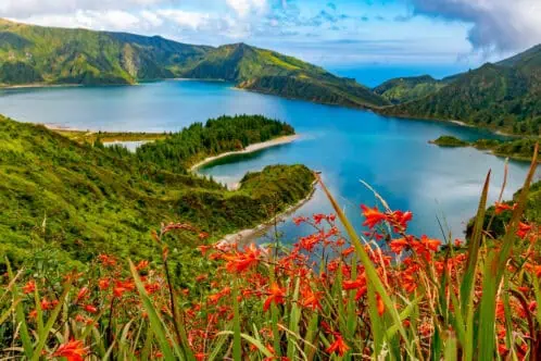 Azure blue lake with red flowers blooming in the foreground in the Azores islands of Portugal, a top ecotourism destination