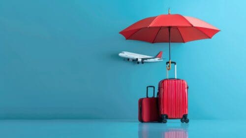 Two red suitcases and a miniature-sized airplane appear in front of a blue background under a red umbrella signifying travel insurance