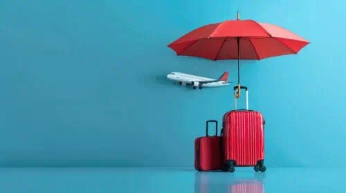 Two red suitcases and a miniature-sized airplane appear in front of a blue background under a red umbrella signifying travel insurance
