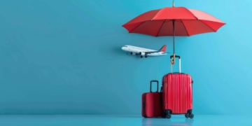 Two red suitcases and a miniature-sized airplane appear in front of a blue background under a red umbrella signifying travel insurance