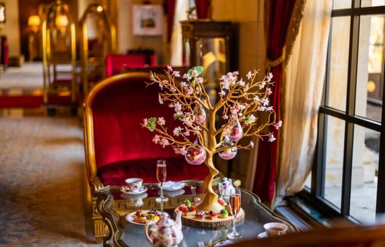 A cherry blossom tree sits with desserts sits upon a fine table surrounded by tea cups and glasses of champagne.