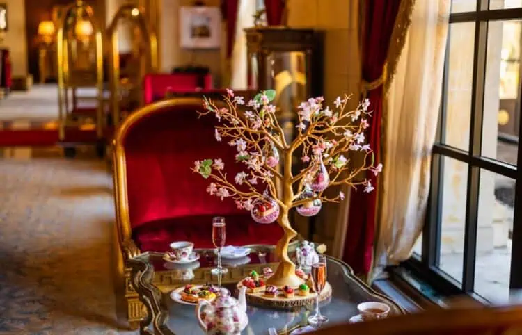 A cherry blossom tree sits with desserts sits upon a fine table surrounded by tea cups and glasses of champagne.
