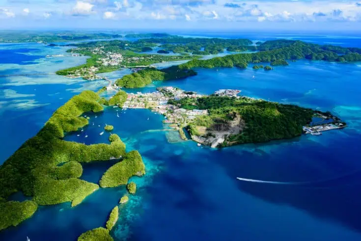 Aerial view of Micronesia with blue water and green islands