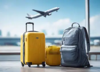 3 pieces of luggage at the airport as an airplane takes off behind them.
