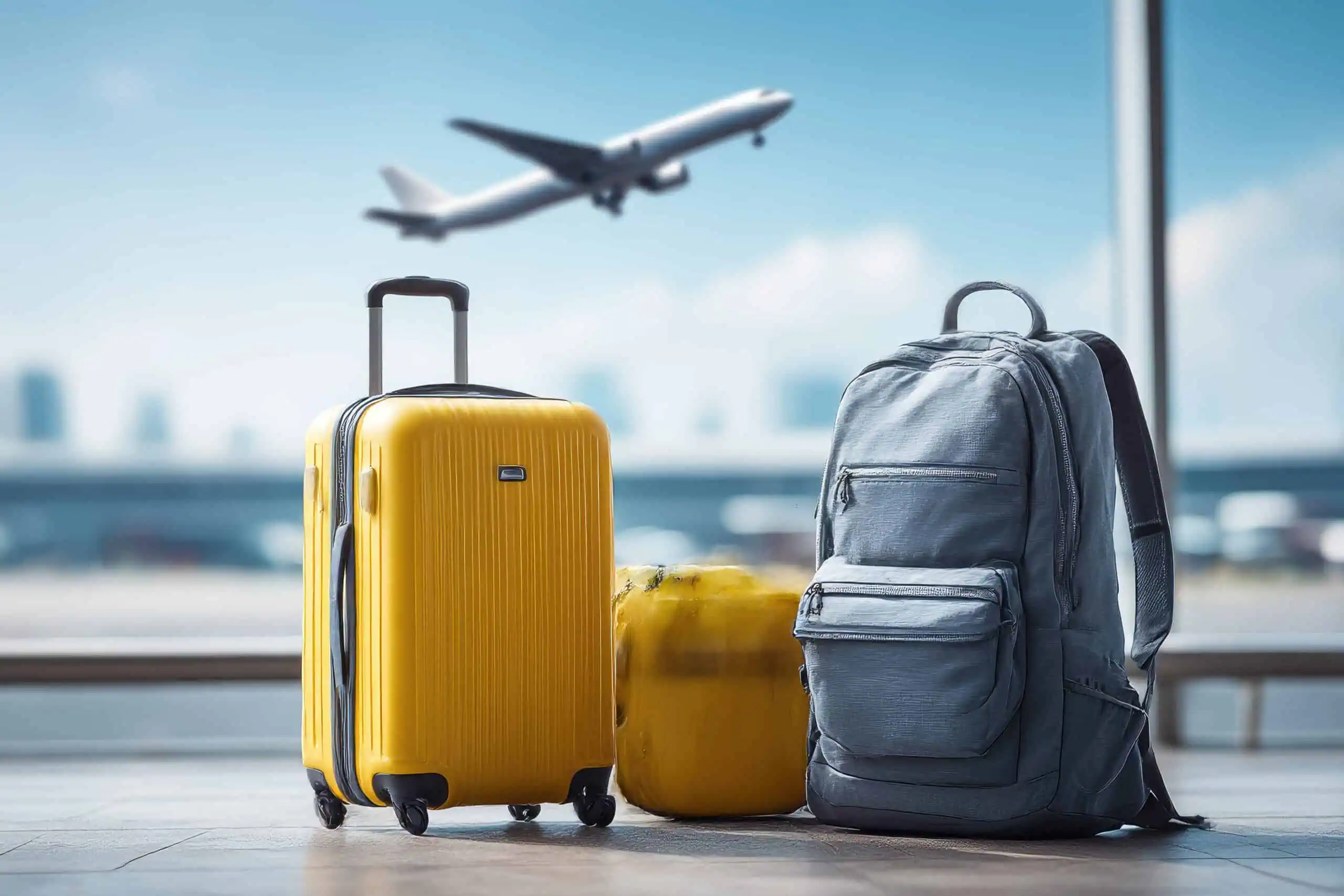 3 pieces of luggage at the airport as an airplane takes off behind them.