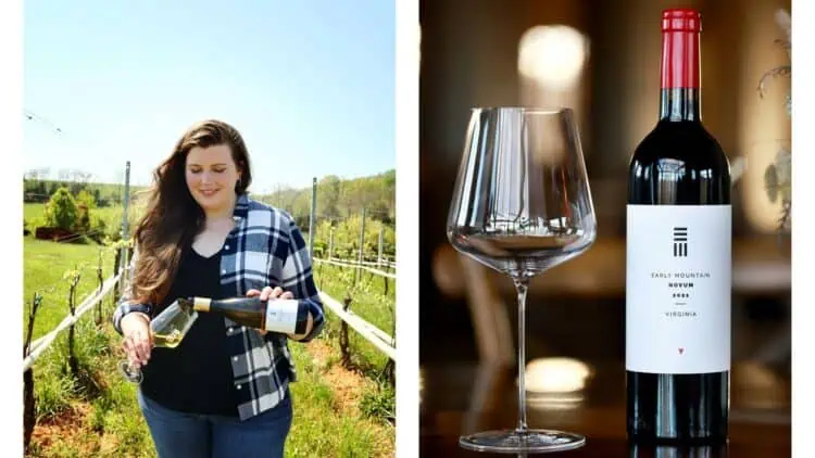 A woman holds a bottle of wine in one hand and a glass of wine in the other, smiling at the camera.